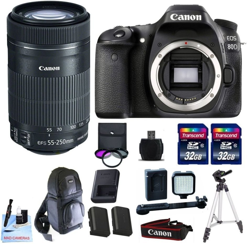 Canon EOS 80D + Canon 55-250mm IS STM + 2 32GB Transcend SD Memory Cards + Spare LP E6 + LED Video Light Kit &...
