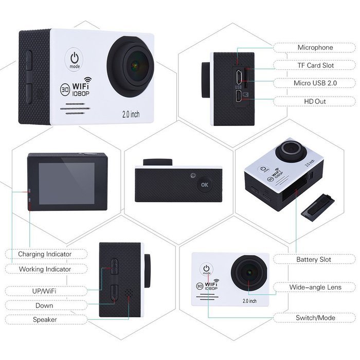 Andoer 1080P 30fps Full HD 12MP Action Camera Waterproof 30 WiFi 2.0" LCD 150 Wide Degree Angle Lens Anti-shake... N15