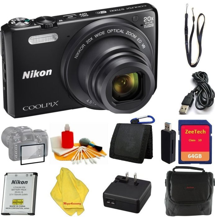 Nikon Coolpix S7000 16 MP Digital Camera with 20x Optical Image Stabilized Zoom 3-Inch LCD (Black) + Case+64 GB...