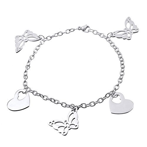 1PC 22cm Women Stainless Steel Silver Chain Bracelet With Heart Butterfly Charm