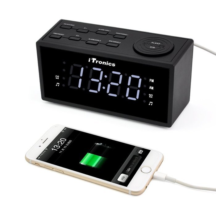 iTronics LED Dual Alarm Clock Radio with USB Charging, Digital AM/FM Radio, Snooze, Brightness Control and Battery... N7