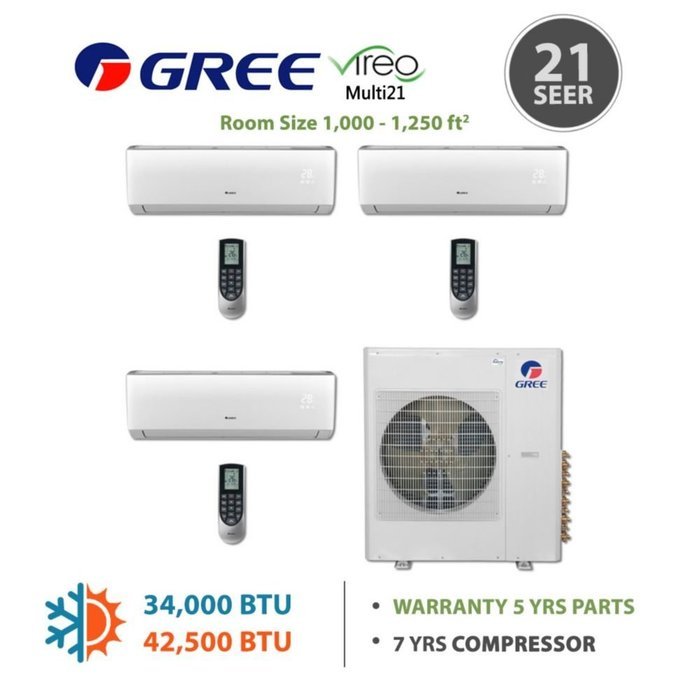 Gree MULTI30BVIR303 - 30,000 BTU Multi21 Tri-Zone Wall Mounted Mini Split Air Conditioner with Heat Pump 220V... N2