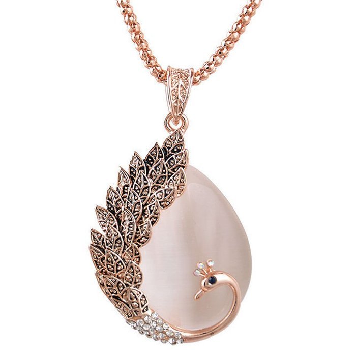 2015 New Style Europe Women Vintage Opals Restoring Long Peacock Sweater Chain (Vintage rose gold)