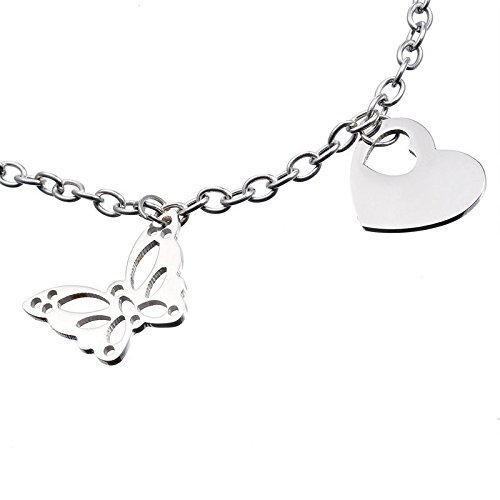 1PC 22cm Women Stainless Steel Silver Chain Bracelet With Heart Butterfly Charm N2