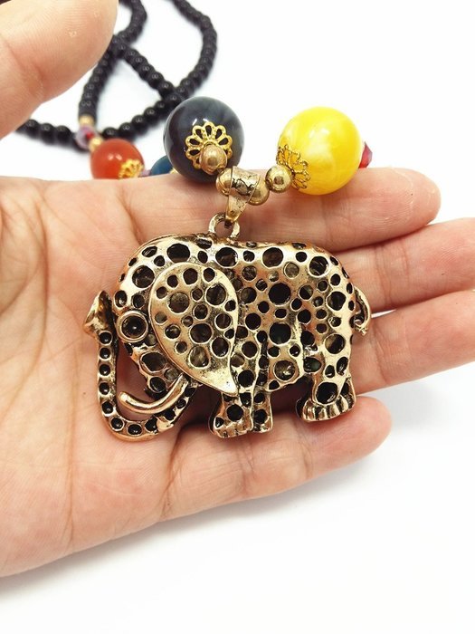 QTMY Elephant diamond Rhinestone Black bead Choker Necklace long Chain Bohemian Jewelry with Pendant for Women... N3