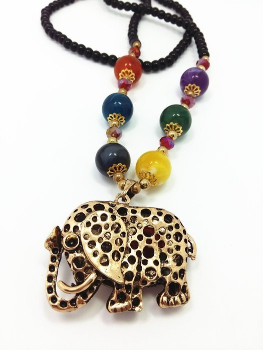 QTMY Elephant diamond Rhinestone Black bead Choker Necklace long Chain Bohemian Jewelry with Pendant for Women... N4