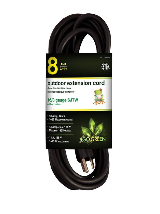 Go Green Power GG-13708BK 16/3 SJTW Outdoor Extension Cord, 8', Black