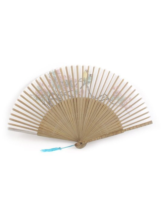 uxcell Organza Bamboo Tassels Ornament Hollow Out Ribs Folding Hand Fan Blue