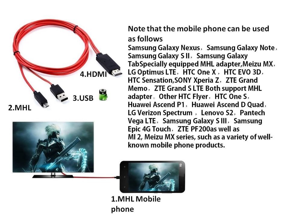 Eriotpy 6.5 Feet / 2 Meter Long MHL Micro USB to HDMI 1080P HDTV 11 Pin Audio Video Mirroring Adapter Cable Cord N4