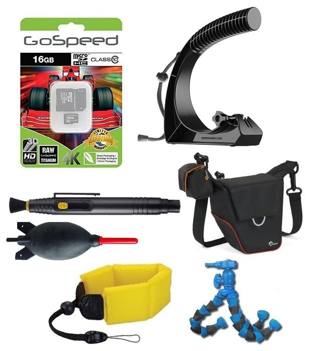 Action Camera Pro Bundle w/ GoWorx The Original Handle+ for GoPro HERO cameras + Floating Strap + Gospeed 16GB...