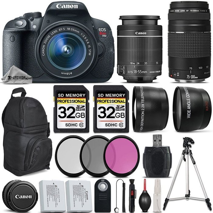 Canon EOS Rebel T5i DSLR Camera Full HD 1080p + Canon 18-55mm IS Lens + Canon 75-300mm III Lens + 0.43x Wide Angle... N7