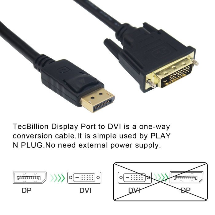 DP to DVI, TecBillion Gold Plated DisplayPort to DVI Cable, 6 Feet, Pack of 2 N9