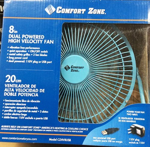 CZHV8USB BLUE Comfort Zone 8" Inch DUAL POWERED HIGH VELOCITY Fan Vibration FREE Quiet Operation Cooling Air