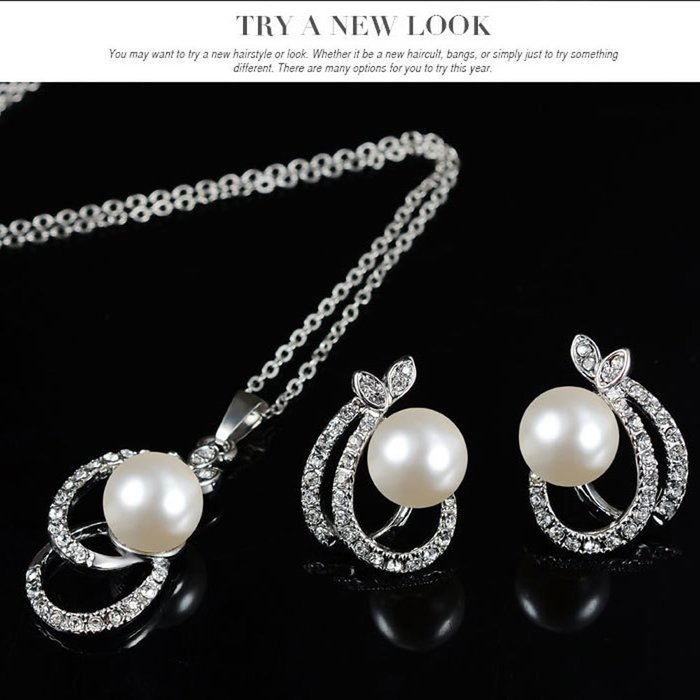Morenitor(TM) Jewelry Set Gold Plated Pearl Pendant Necklace Dangle Earring Stud Set.