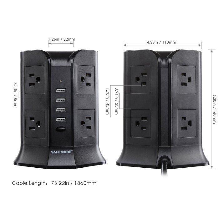 Safemore Power Strip Surge Protector Smart 8-Outlet with 4-USB Ports Socket Black N2