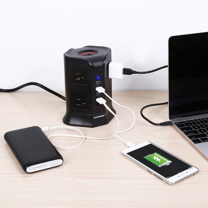 Safemore Power Strip Surge Protector Smart 8-Outlet with 4-USB Ports Socket Black N3