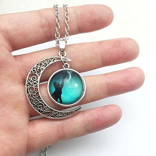 Vintage Cat touch moon Cabochon Silver plated chain necklace Moon pendant