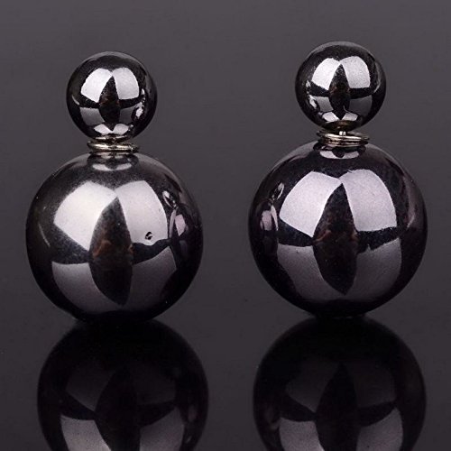 Hematite Two Beads Double Graceful Ball Ear Silver Plated Sided Stud Earrings