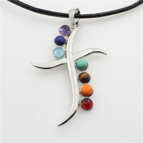Natural Gemstones Healing Reiki 7 Chakra Moon Cross Charm Beads Pendant Necklace N13