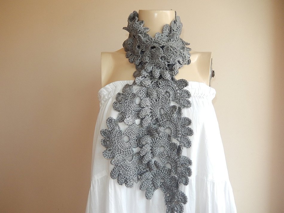 Grey Crochet Scarf -Long Crochet Scarf/woman Gift Scarf/winter Accessory-wool Scarf N3