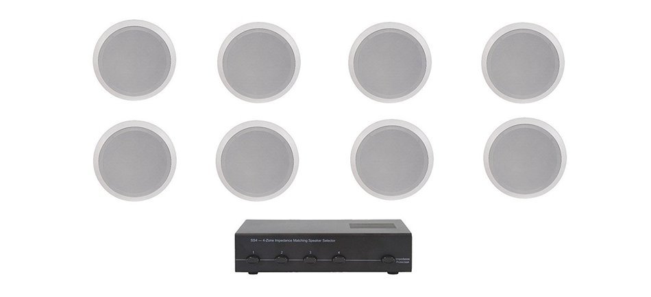 Home Audio Whole House Speaker System- 8 Ceiling Speakers 4PR- Flush 5.25" Round Speakers & Switcher N2