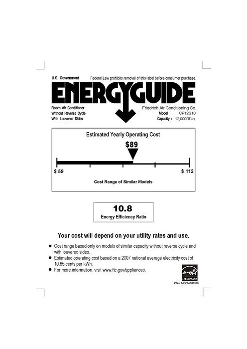 Friedrich CP12G10 12000 btu - 115 volt - 10.8 EER Chill series room air conditioner