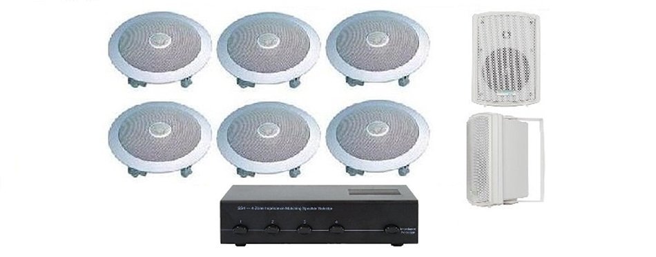 Home Audio Whole House Speaker System- 8 Speakers: 3pr- Flush 8" Round Speakers, 1pr- Outdoor Speakers & Switcher