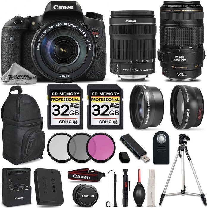 Canon EOS T6s DSLR Camera + Canon EF-S 18-135mm IS STM Lens + Canon EF 70-300mm f/4-5.6 IS USM Lens + 2 Of 32GB...