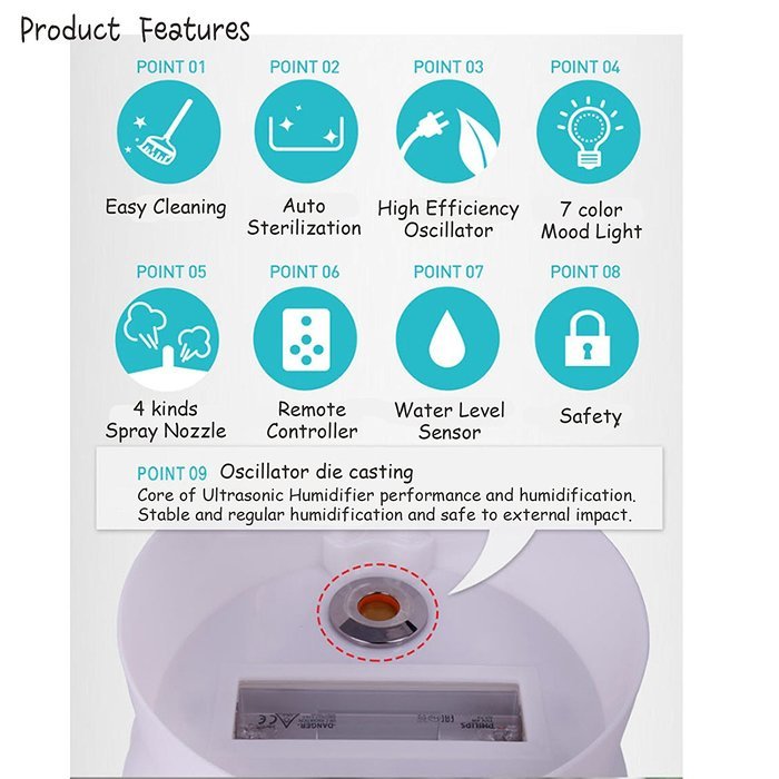 Atocare EP UH-101 Ultrasonic LED Humidifier Self Sterilization Mood Light 1.4L