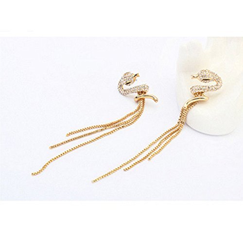 Women Exquisite Chic Snake Shaped Gold Plated Long Tassel Crystal Stud Earrings