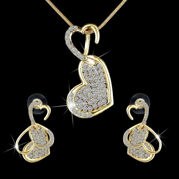 Pop Full Crystal Double Hearts Jewelry Set Women Wedding Gold Necklace Earrings
