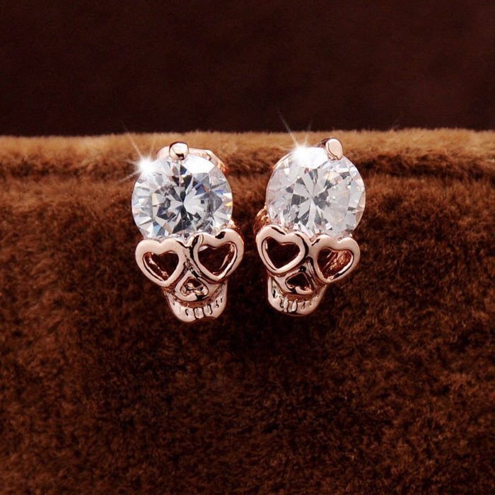 Girls Womens Rose Gold Rhinestone Skeleton Skull Ear Studs Earrings Jewelry Gift
