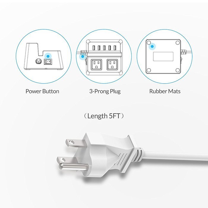 ORICO Charging Stand Surge Protector with 5 USB Ports and 2 AC Outlets Built in 5 Feet Cord Power Strip N5