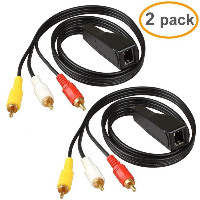 RELPER 2 Pack 3 RCA to RJ45 Balun Component Video and Audio Extender Over Cat5/6 Up to 600ft/200M N5