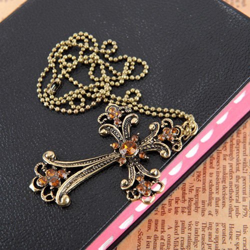 Vintage Bronze Cross Champagne Rhinestone Carved Flower Pendant Necklace