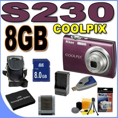 Nikon Coolpix S230 10MP Digital Camera w/ 3x Optical VR Zoom (Plum) BigVALUEInc Accessory Saver 8GB EL10 Battery... N5
