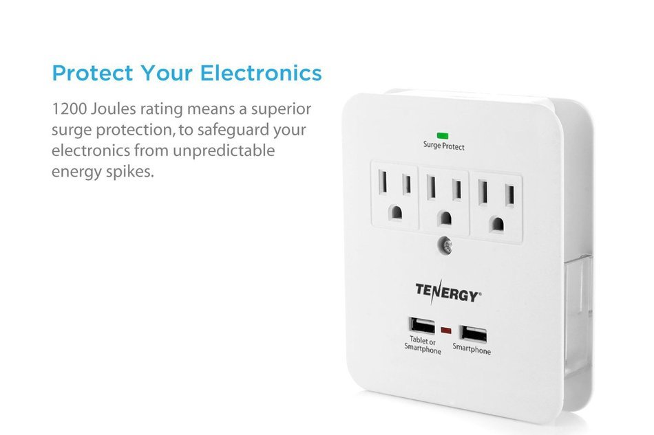 Tenergy 3 AC Outlet Wall Mount 1200 Joules Surge Protector w/ 2.4A Dual USB Charging Port & Retractable Phone... N5