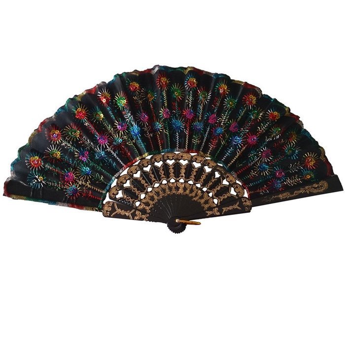 Weixinbuy Chinese Retro Folding Hand Held Fabric Fan Embroidered Peacock Party Decor N2