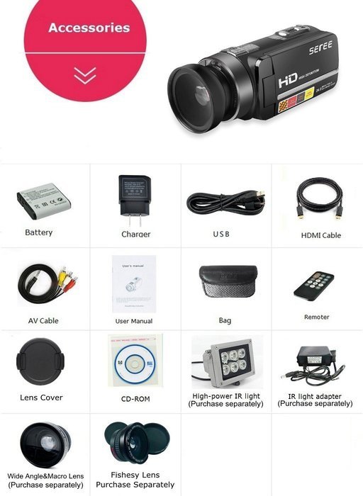 SEREE HDV-301 FHD 1080P Digital Video Camera Camcorder Night Vision Wide Angle Macro Fisheye Shooting 24MP 3 Inch... N11