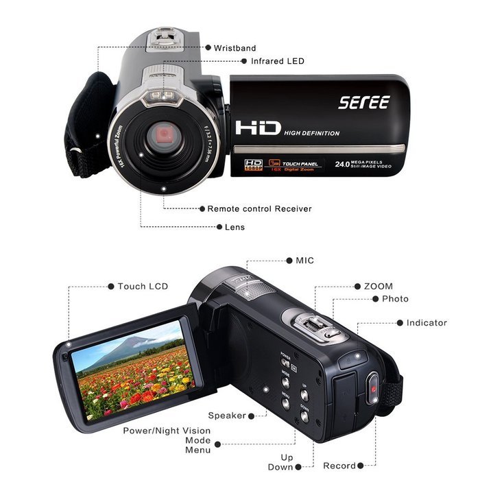 SEREE HDV-301 FHD 1080P Digital Video Camera Camcorder Night Vision Wide Angle Macro Fisheye Shooting 24MP 3 Inch... N14