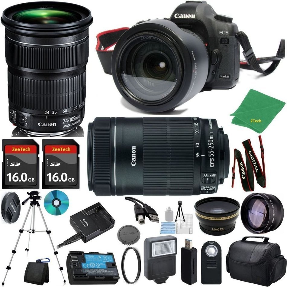 Canon EOS 5D Mark III with 24-105mm IS STM + 55-250mm STM + 2pcs 16GB Memory + Case + Memory Reader + Tripod +...