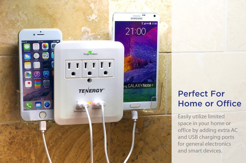Tenergy 3 AC Outlet Wall Mount 1200 Joules Surge Protector w/ 2.4A Dual USB Charging Port & Retractable Phone... N6