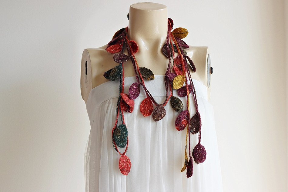 Leaves Necklace-Multicolor Crochet Necklace-Multicolor Lariat Scarf-Mohair Crochet Scarf with Gold Glitter- Autumn...