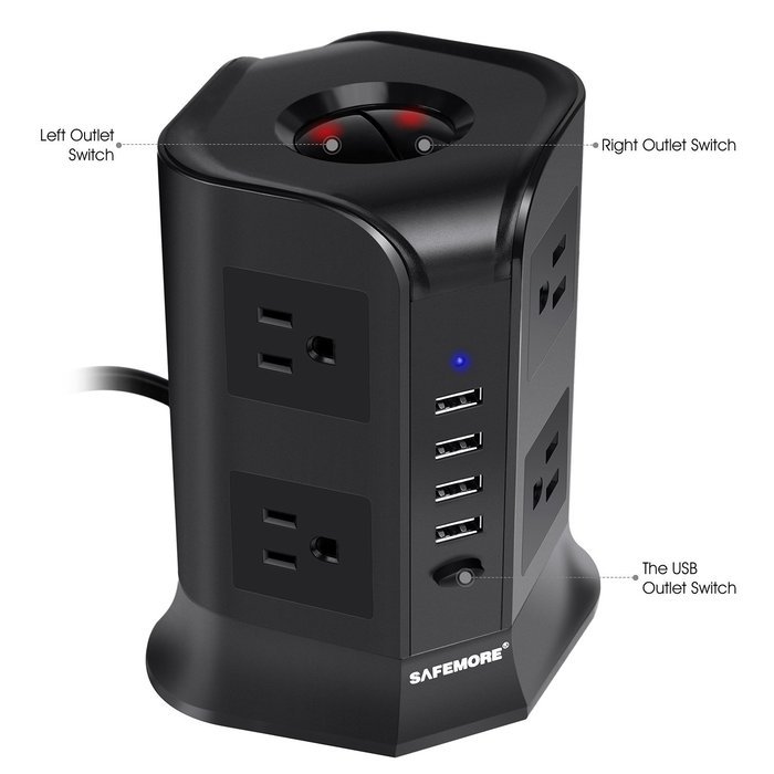 Safemore Power Strip Surge Protector Smart 8-Outlet with 4-USB Ports Socket Black N5
