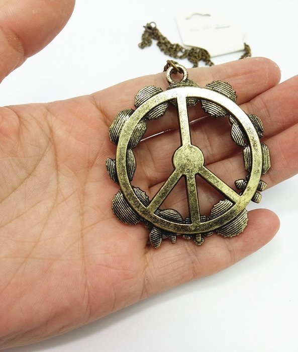 QTMY Fashion Antiwar Peace Sign Long statement Choker Necklace Jewelry Collar with Pendant chain for Women N2