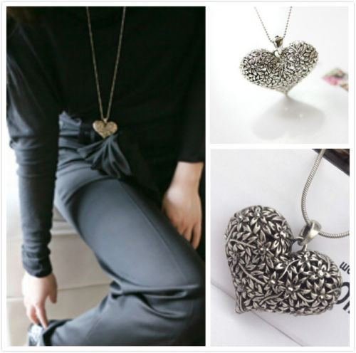 women Carved Heart Flower Long Chain Silver Tone Pendant Necklace gift