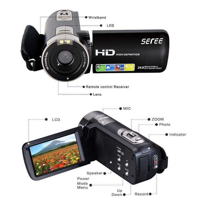 SEREE HDV-301S FHD 1080P Digital Video Camcorder Wide Angle Macro Fisheye Shooting 24MP 3 Inch Screen Remote Camera N5