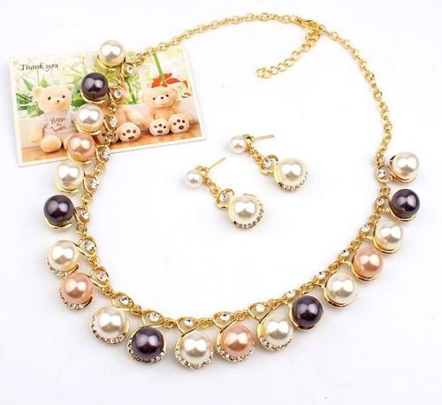 Fashion Jewelry Women Crystal Pendant Chain Choker Collar Bib Pearl Necklace Set