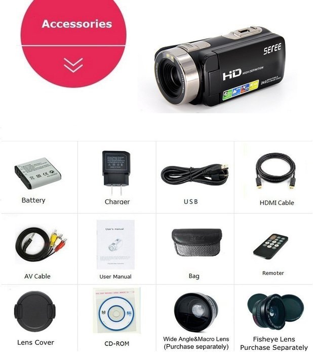 SEREE HDV-301S FHD 1080P Digital Video Camcorder Wide Angle Macro Fisheye Shooting 24MP 3 Inch Screen Remote Camera N6