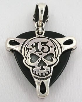 13 Lucky Number Skull Guitar Pick Holder Sterling Silver .925 Pendant Harley Rock